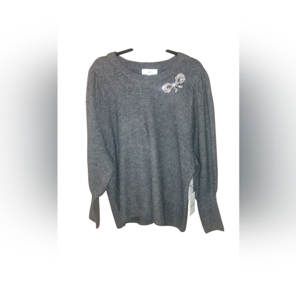 CeCe Gray Crewneck Sweater with Embellished Bow